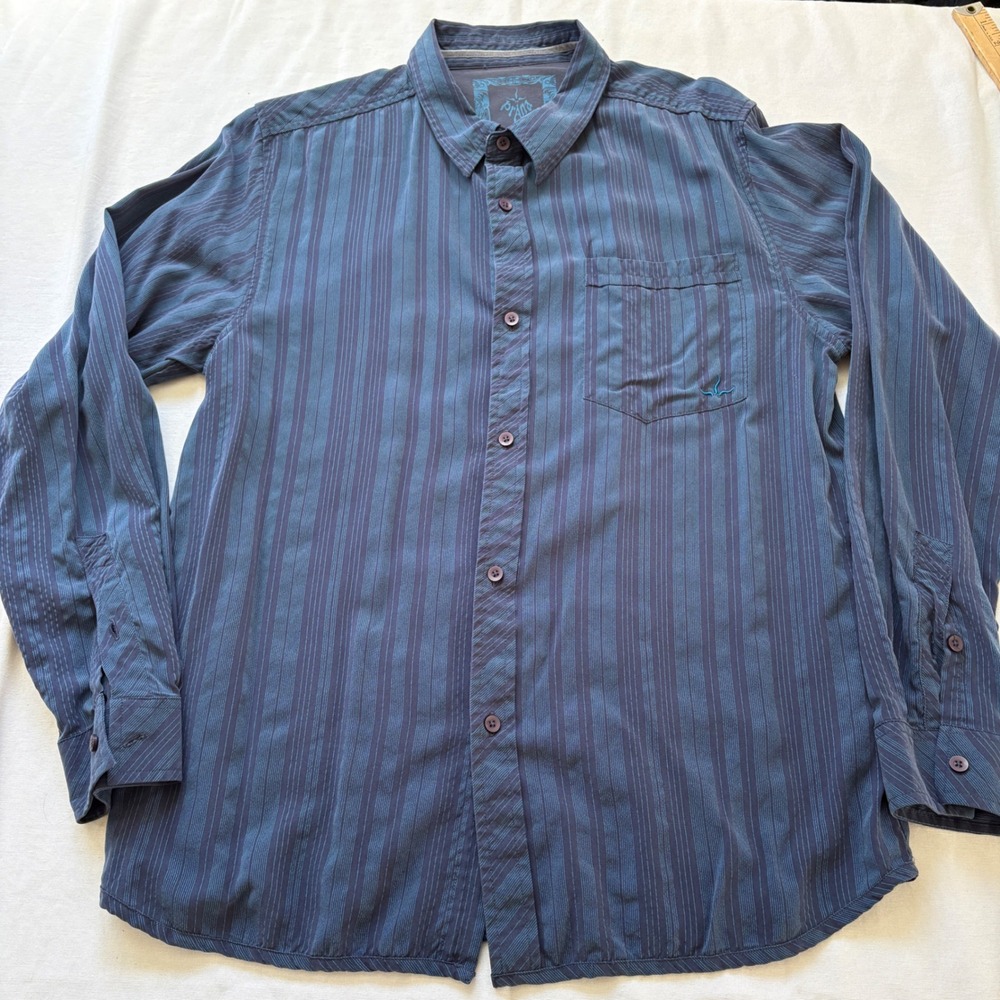 Prana Breathe Mens Large Blue Striped Modal Blend Long Sleeve Button Down Shirt